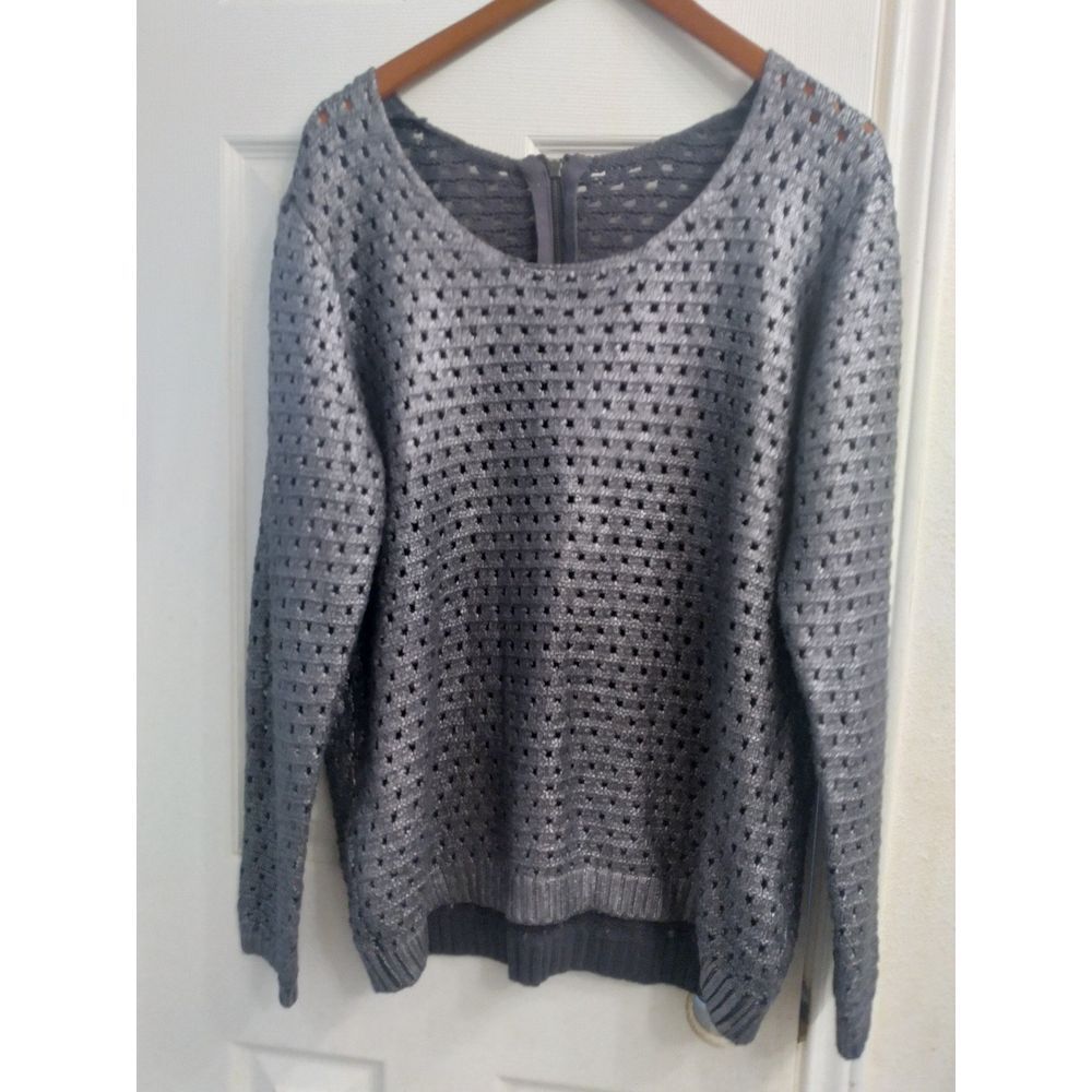 Metallic Silver Knit Sweater Open Weave Long Sleeve Pullover Top